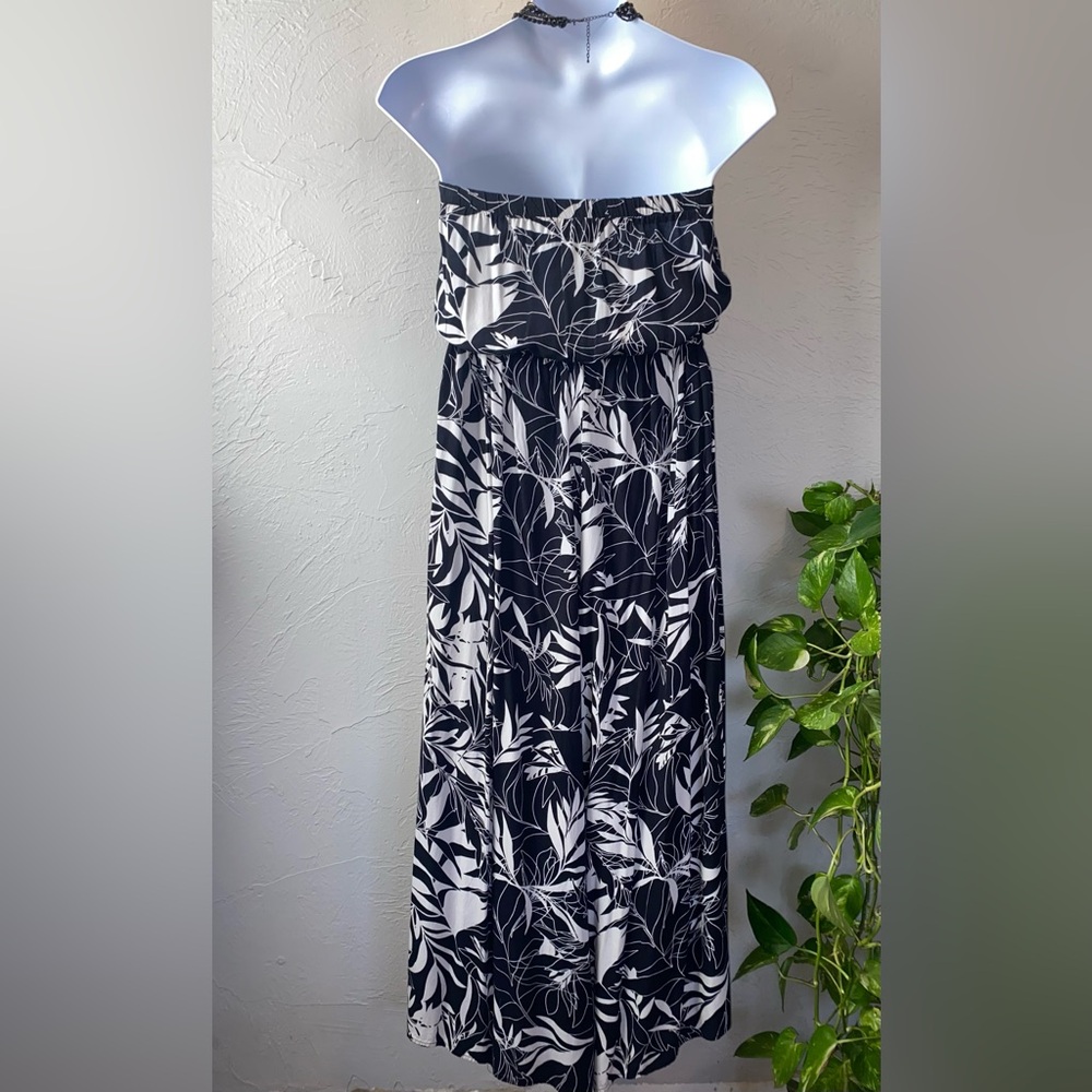 Vintage J.B.S. Strapless Wide Leg Tropical Leaves Print Black/White Jumpsuit 3X - Picture 3 of 12